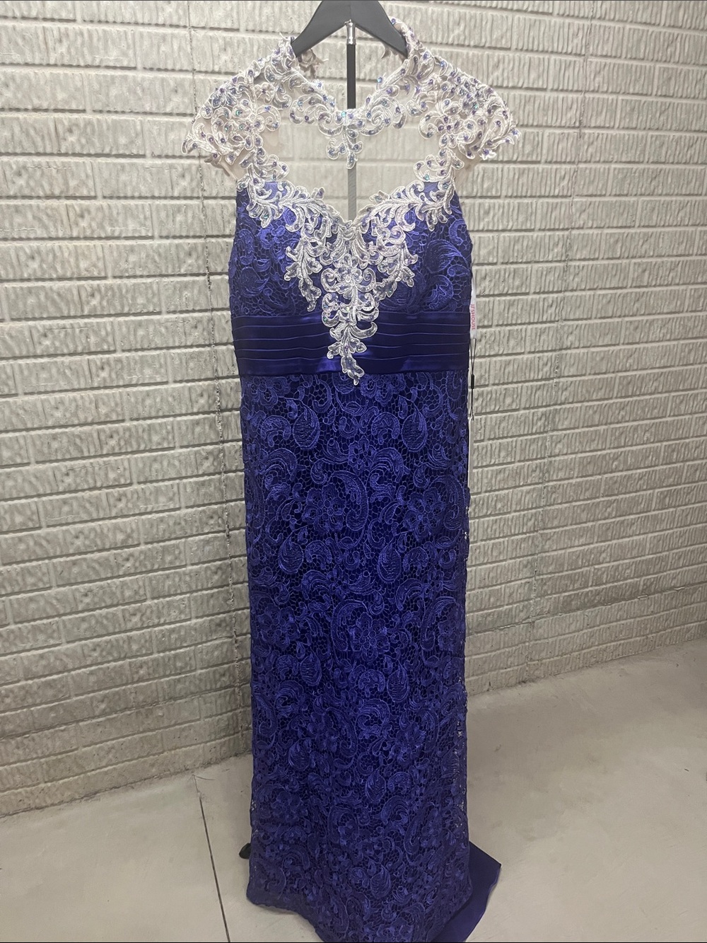 JJs House Royal Blue Lace Maxi Dress with Ivory Appliqué Collar
